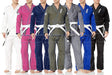 A lineup of Reevo Guard Ultralight BJJ Gis for adults in various colors, each including a jacket and pants. A white belt is included.