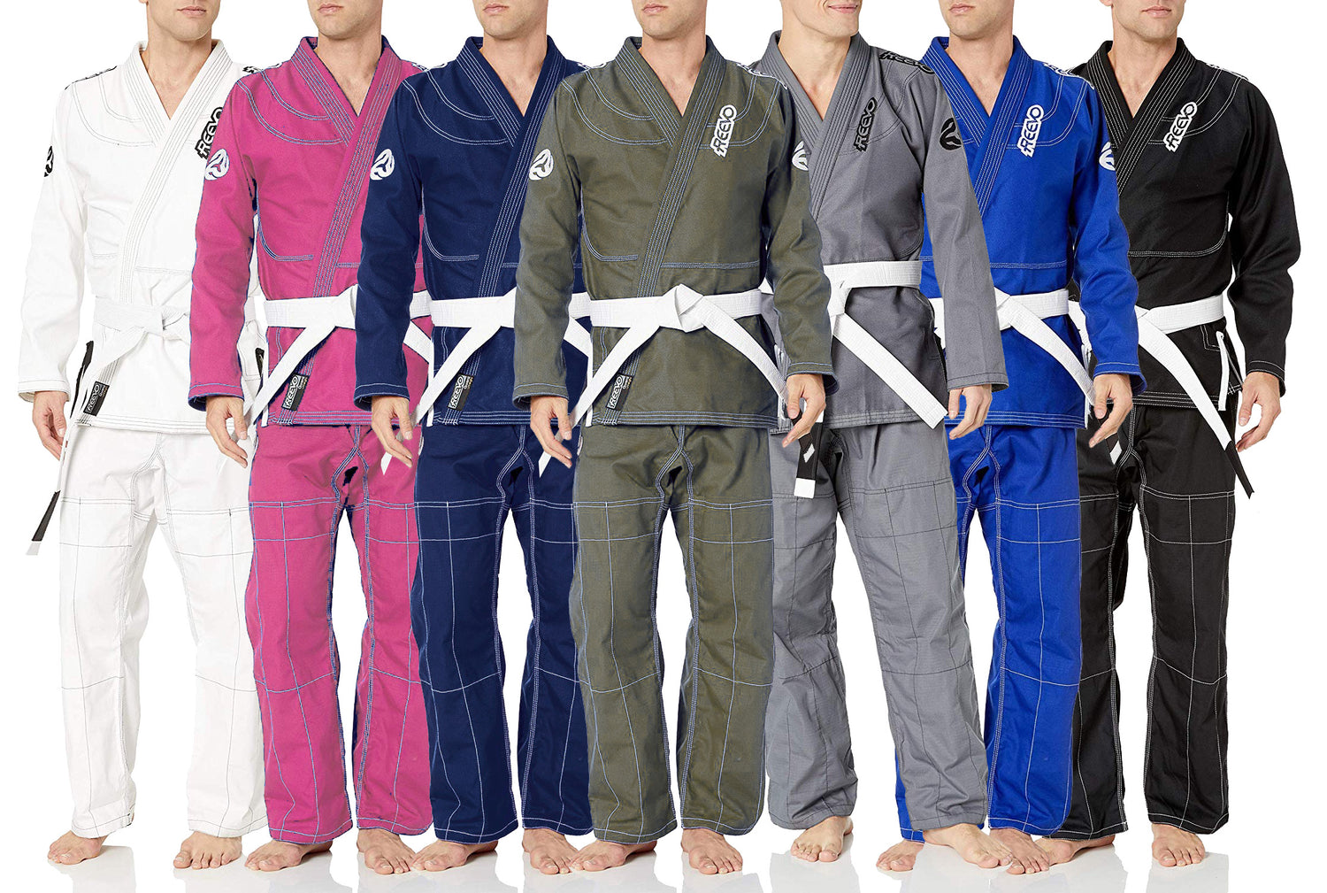 A lineup of Reevo Guard Ultralight BJJ Gis for adults in various colors, each including a jacket and pants. A white belt is included.
