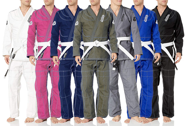 A lineup of Reevo Guard Ultralight BJJ Gis for adults in various colors, each including a jacket and pants. A white belt is included.