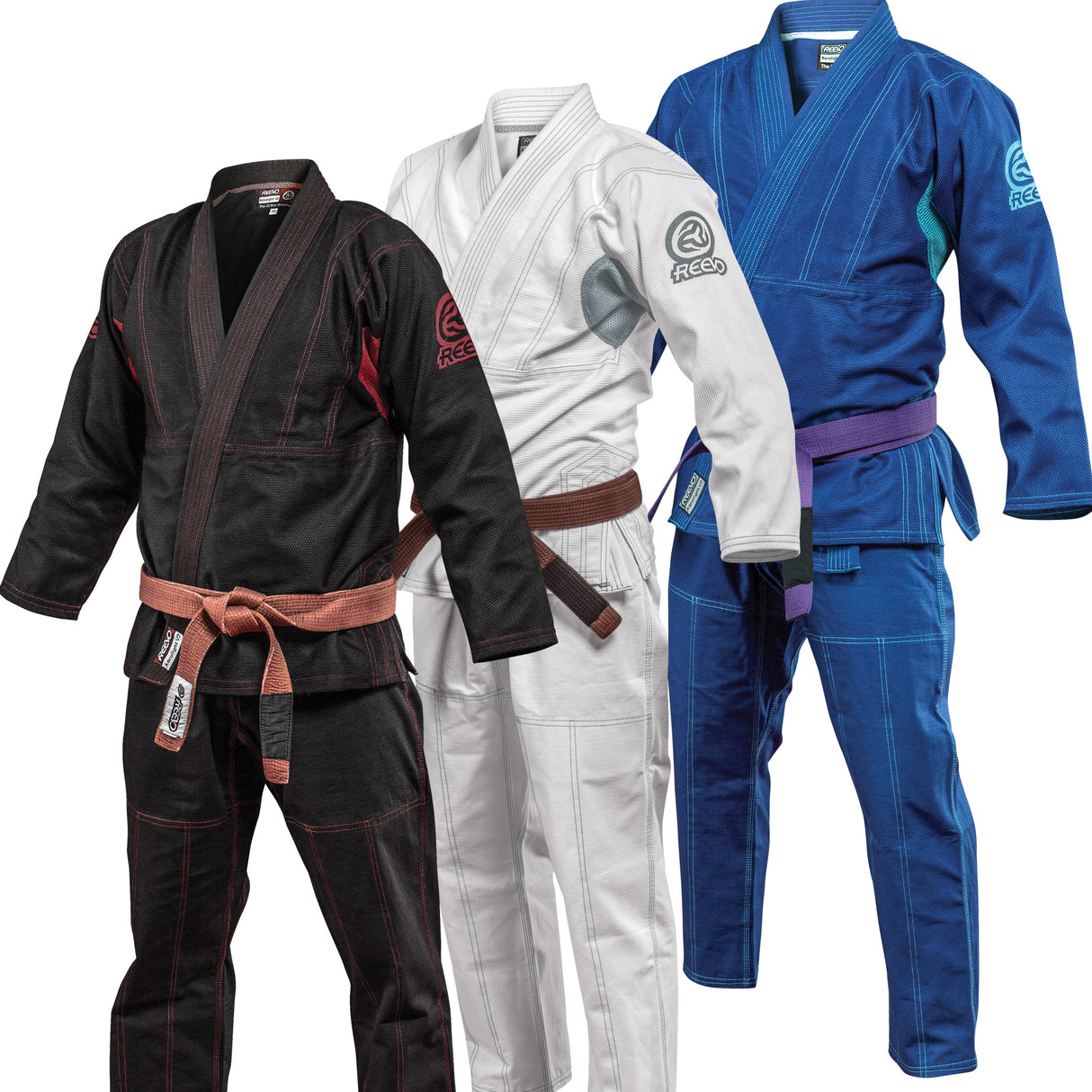 Reevo Aerolight v2 BJJ Gi Line up in all colours, black, white and blue by Hatashita International