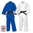 Two Mizuno judogis, one in blue and one in white, with black belts, displayed alongside the IJF approval logo.